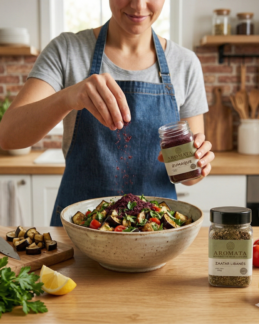 Ensalada de Berenjena Asada con Zaatar, Zumaque y Totopos - Aromata Condiments